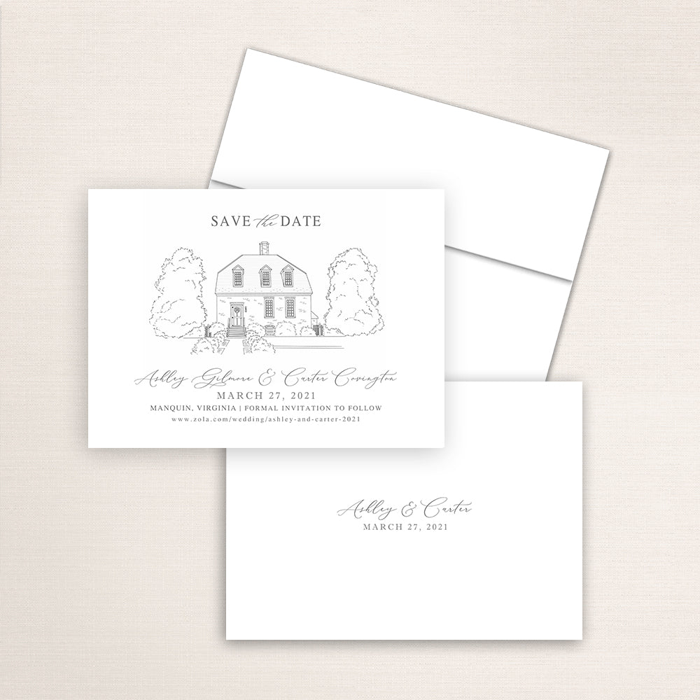 Custom Sketch Save the Date card featuring hand-drawn venue illustration of Seven Springs in Manquin, Virginia, personalized wedding stationery with elegant venue artwork. 