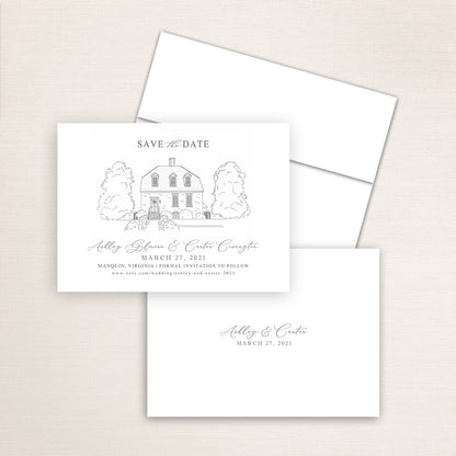 Custom Sketch Save the Date card featuring hand-drawn venue illustration of Seven Springs in Manquin, Virginia, personalized wedding stationery with elegant venue artwork. 