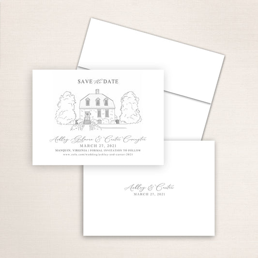 Custom Sketch Save the Date card featuring hand-drawn venue illustration of Seven Springs in Manquin, Virginia, personalized wedding stationery with elegant venue artwork. 