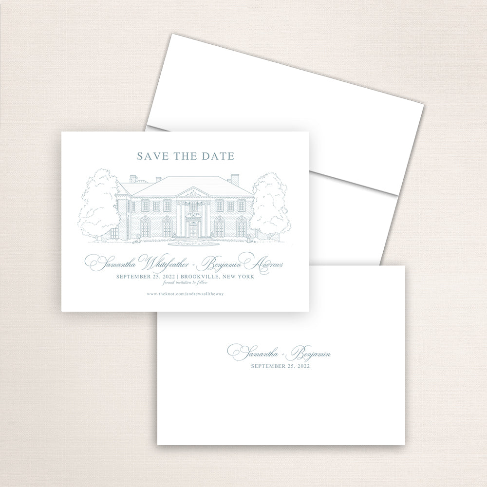 Custom sketch Save the Date card featuring hand-drawn venue illustration of the Seversky Mansion in Brooksville, New York, personalized wedding stationery with elegant venue artwork. 