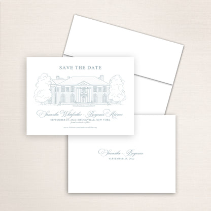 Custom sketch Save the Date card featuring hand-drawn venue illustration of the Seversky Mansion in Brooksville, New York, personalized wedding stationery with elegant venue artwork. 