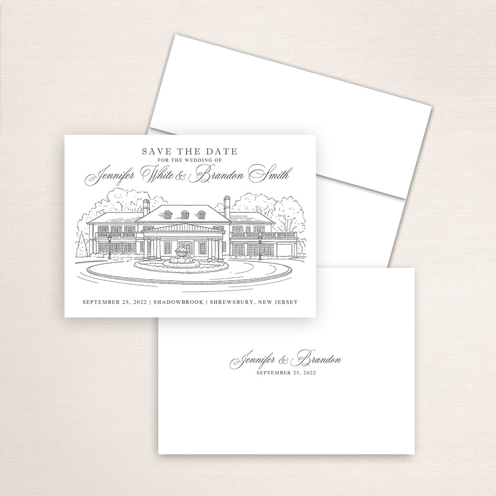 Shadowbrook at Shrewsbury save the date featuring a detailed architectural line drawing of the elegant New Jersey estate with circular driveway and fountain, classic script typography, and minimalist back printed with the couple’s names and wedding date.
