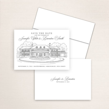 Shadowbrook at Shrewsbury save the date featuring a detailed architectural line drawing of the elegant New Jersey estate with circular driveway and fountain, classic script typography, and minimalist back printed with the couple’s names and wedding date.