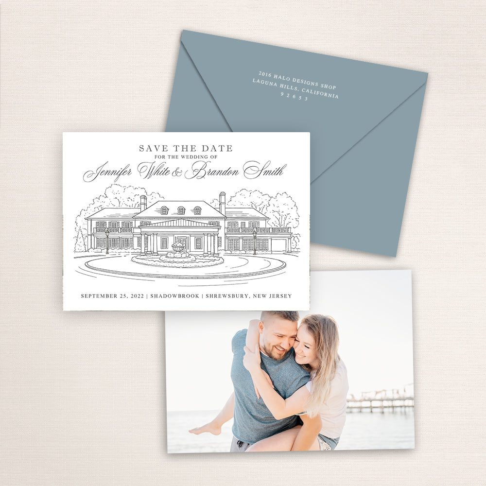 Shadowbrook at Shrewsbury wedding save the date with refined architectural line illustration of the historic estate in Shrewsbury, New Jersey, coordinating blue envelope, elegant script typography, and engagement photo printed on the back.