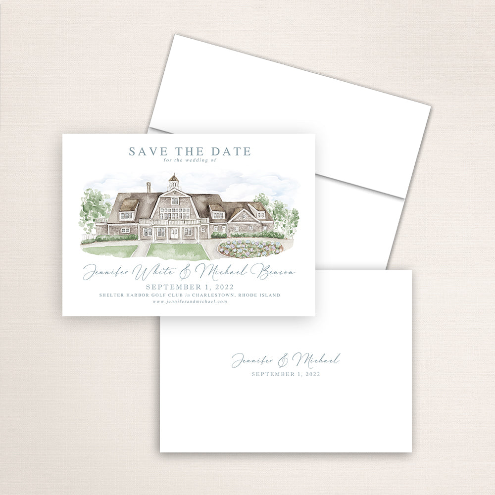 Custom watercolor Save the Date card featuring hand-painted venue illustration of Shelter Harbor Golf Club in Charlestown, Rhode Island, personalized wedding stationery with elegant venue artwork. 