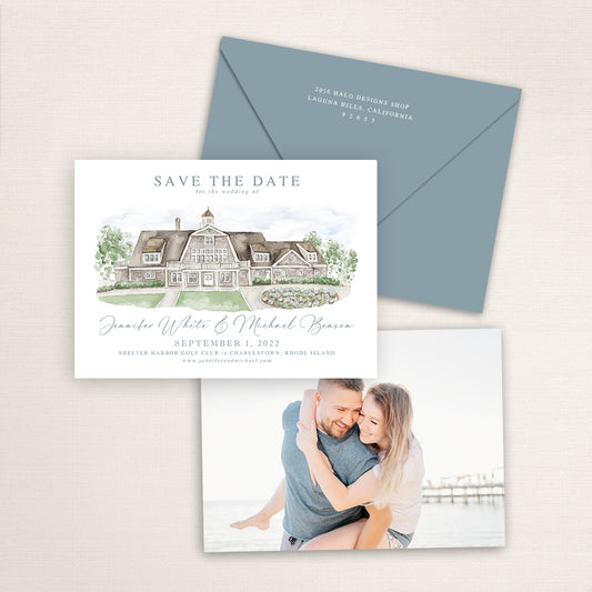 Custom watercolor Save the Date card featuring hand-painted venue illustration of Shelter Harbor Golf Club in Charlestown, Rhode Island, personalized wedding stationery with elegant venue artwork with matching envelope.