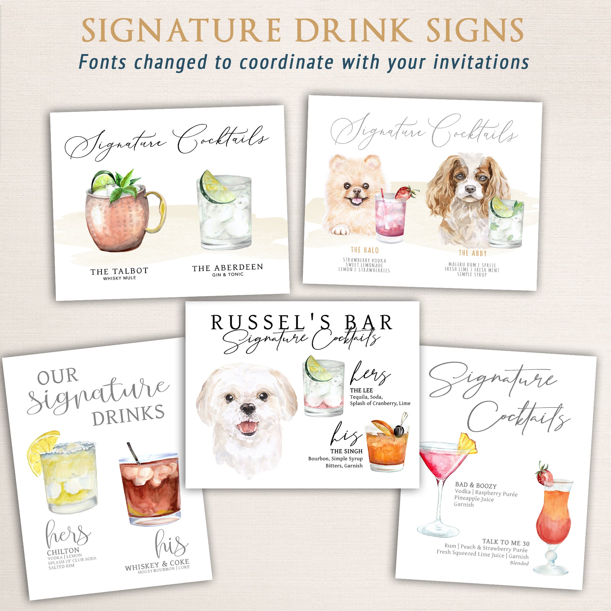 Set of watercolor wedding signature drink signs featuring hand-painted cocktails and pet portraits, including Moscow Mule, gin and tonic, and strawberry vodka drinks, with custom names and coordinating fonts.