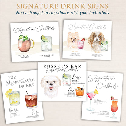 Set of watercolor wedding signature drink signs featuring hand-painted cocktails and pet portraits, including Moscow Mule, gin and tonic, and strawberry vodka drinks, with custom names and coordinating fonts.