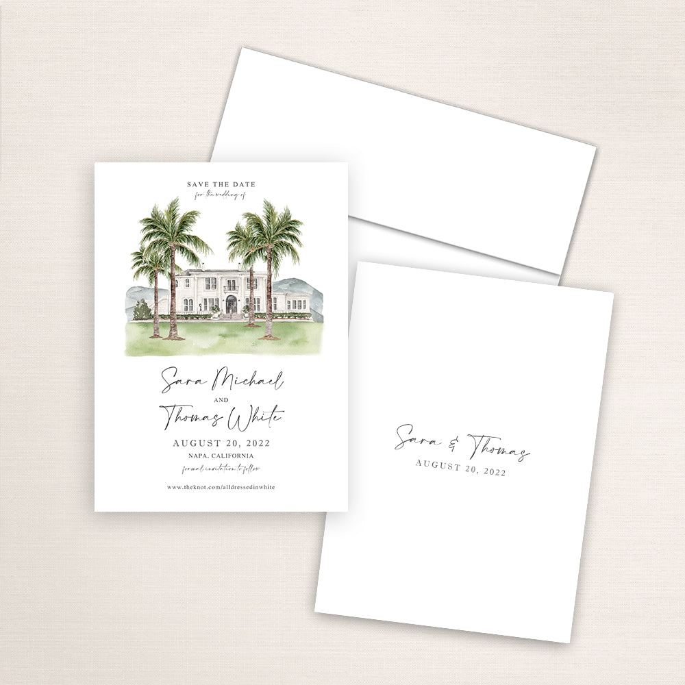 Custom watercolor Save the Date card featuring hand-painted venue illustration of Silverado Resort in Napa, California, personalized wedding stationery with elegant venue artwork. 
