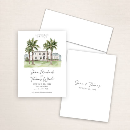 Custom watercolor Save the Date card featuring hand-painted venue illustration of Silverado Resort in Napa, California, personalized wedding stationery with elegant venue artwork. 