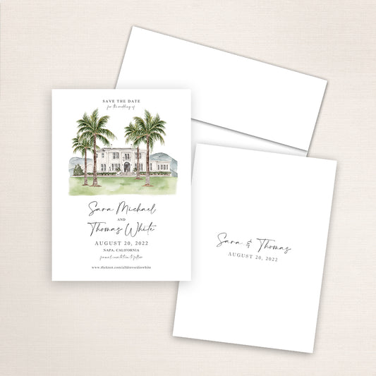 Custom watercolor Save the Date card featuring hand-painted venue illustration of Silverado Resort in Napa, California, personalized wedding stationery with elegant venue artwork. 