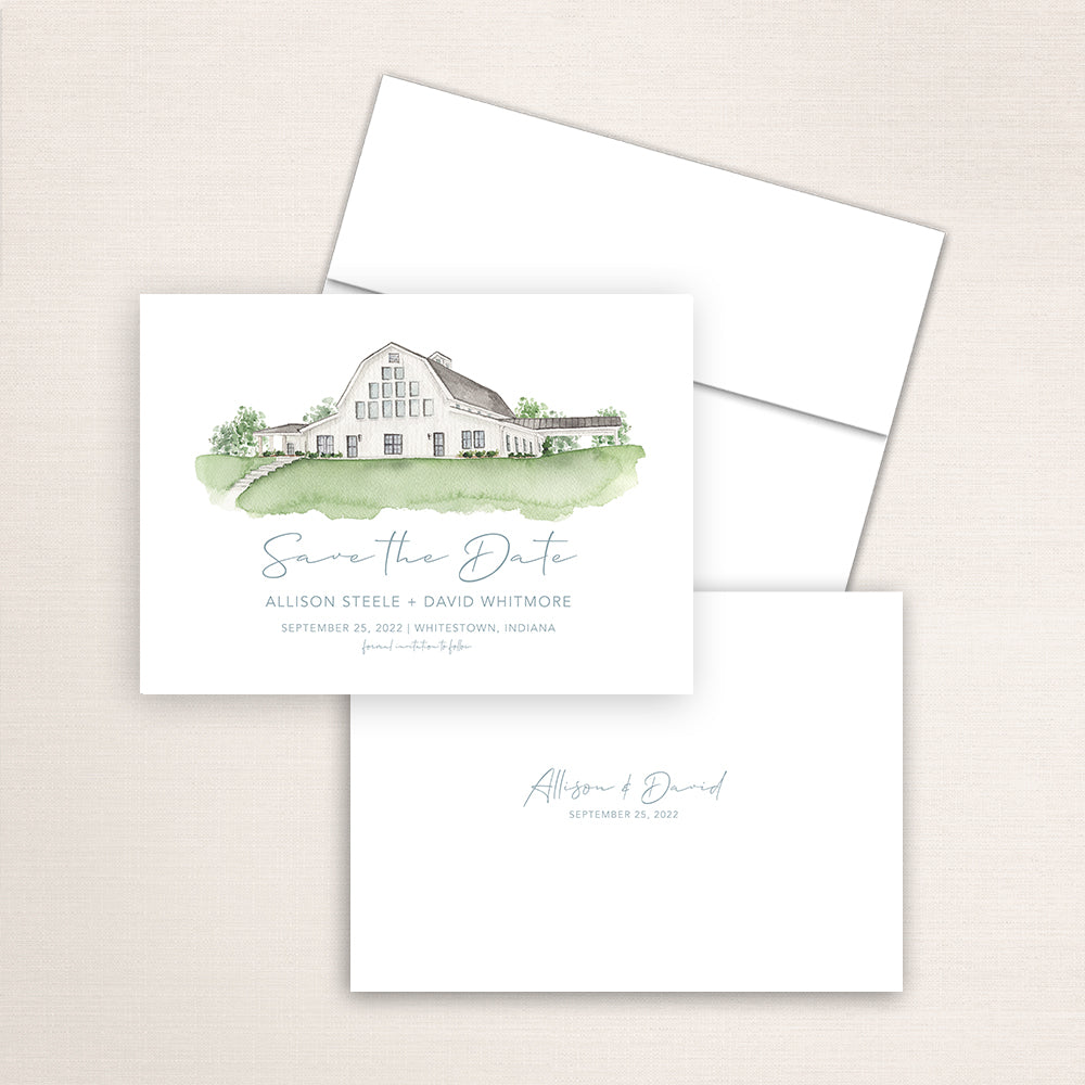 Custom watercolor Save the Date card featuring hand-painted venue illustration of Sixpence in Whitestown, Indiana, personalized wedding stationery with elegant venue artwork. 