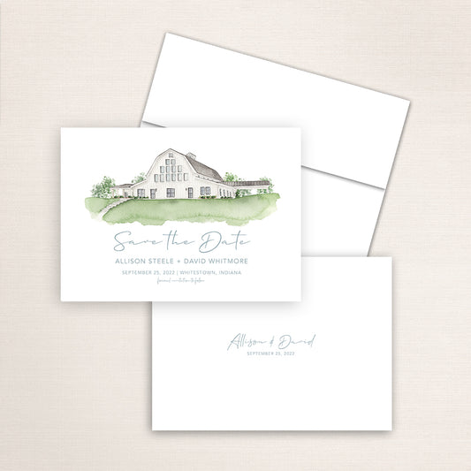 Custom watercolor Save the Date card featuring hand-painted venue illustration of Sixpence in Whitestown, Indiana, personalized wedding stationery with elegant venue artwork. 