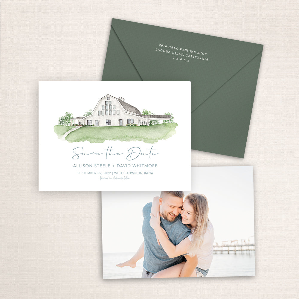 Custom watercolor Save the Date card featuring hand-painted venue illustration of Sixpence in Whitestown, Indiana, personalized wedding stationery with elegant venue artwork with matching envelope. 