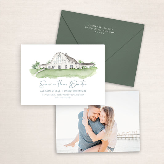 Custom watercolor Save the Date card featuring hand-painted venue illustration of Sixpence in Whitestown, Indiana, personalized wedding stationery with elegant venue artwork with matching envelope. 