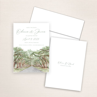Custom watercolor Save the Date card featuring hand-painted venue illustration of South Boundary in Aiken, South Carolina, personalized wedding stationery with elegant venue artwork with matching envelope.