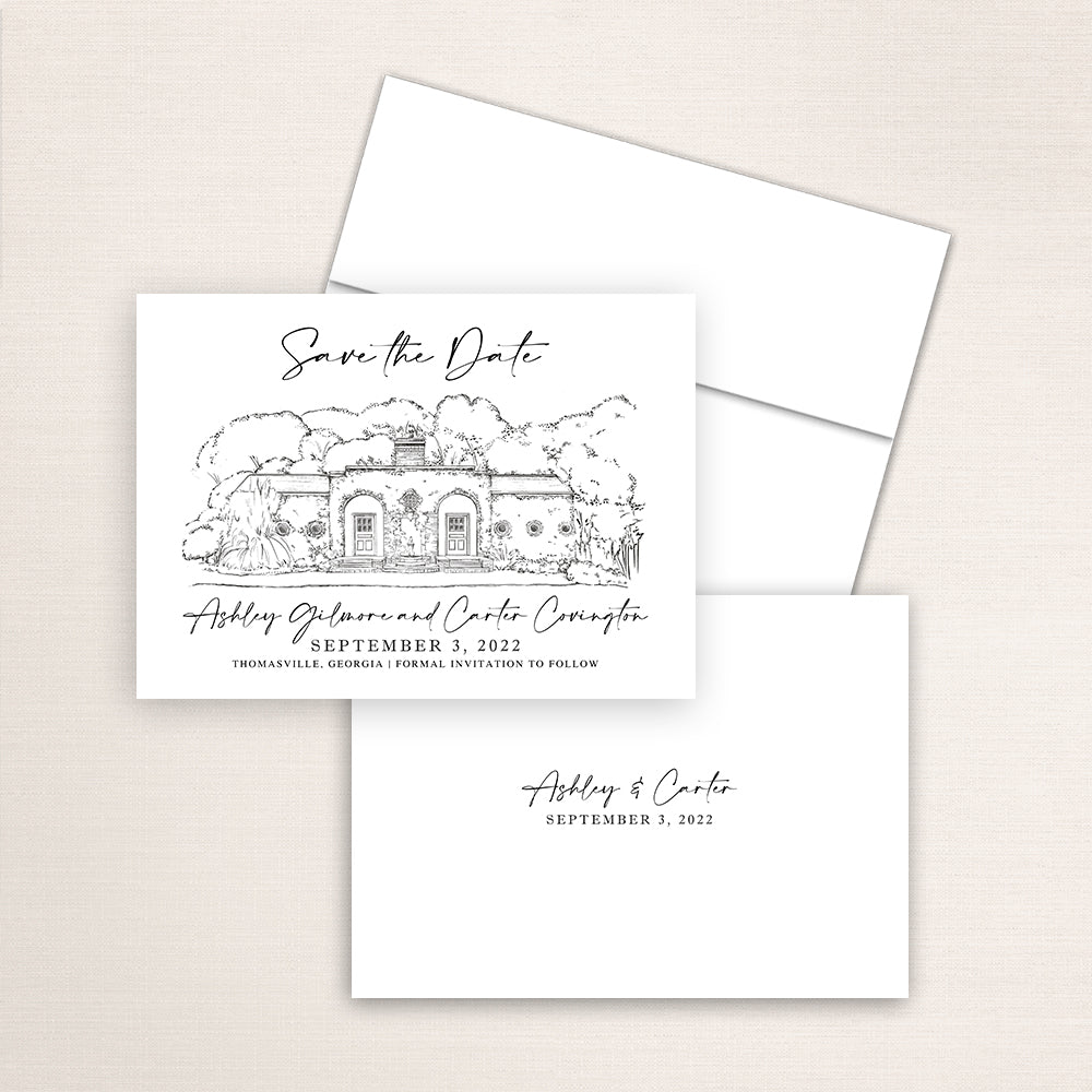Custom Sketch Save the Date card featuring hand-drawn venue illustration of South Eden Plantation in Thomasville, Georgia, personalized wedding stationery with elegant venue artwork. 