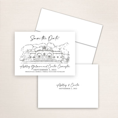 Custom Sketch Save the Date card featuring hand-drawn venue illustration of South Eden Plantation in Thomasville, Georgia, personalized wedding stationery with elegant venue artwork. 