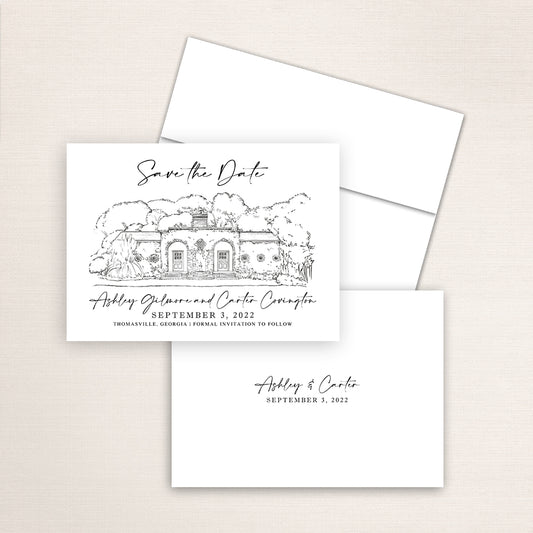Custom Sketch Save the Date card featuring hand-drawn venue illustration of South Eden Plantation in Thomasville, Georgia, personalized wedding stationery with elegant venue artwork. 