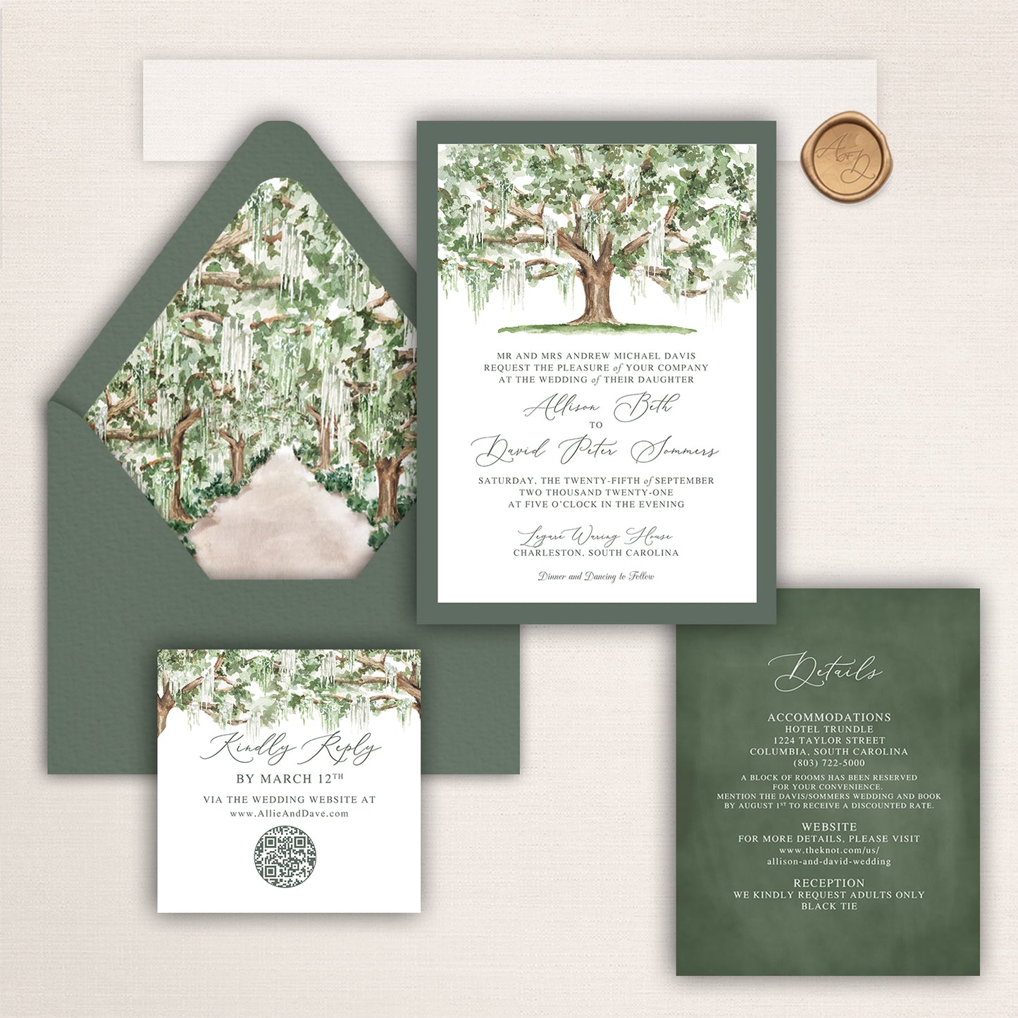 Wedding invitation suite with watercolor southern oak tree design, avenue of the oaks envelope liner, and coordinating inserts.