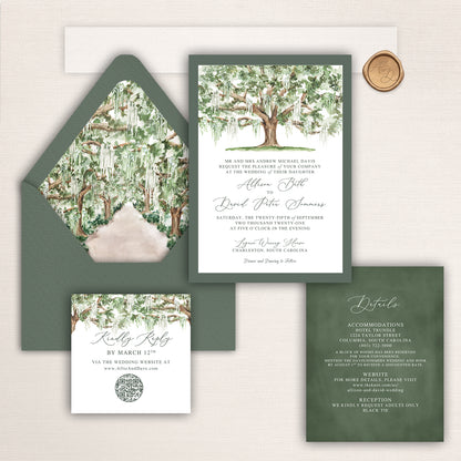 Wedding invitation suite with watercolor southern oak tree design, avenue of the oaks envelope liner, and coordinating inserts.