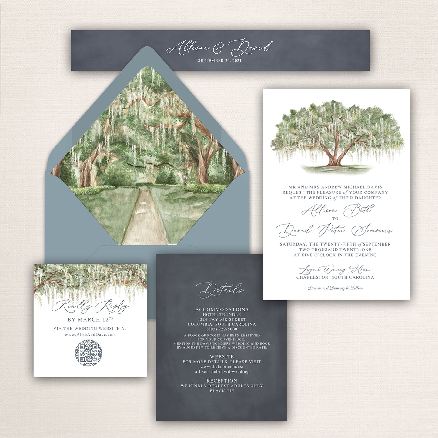 Wedding invitation suite with watercolor southern Spanish Moss covered oak tree design with matching liner and stationery pieces.