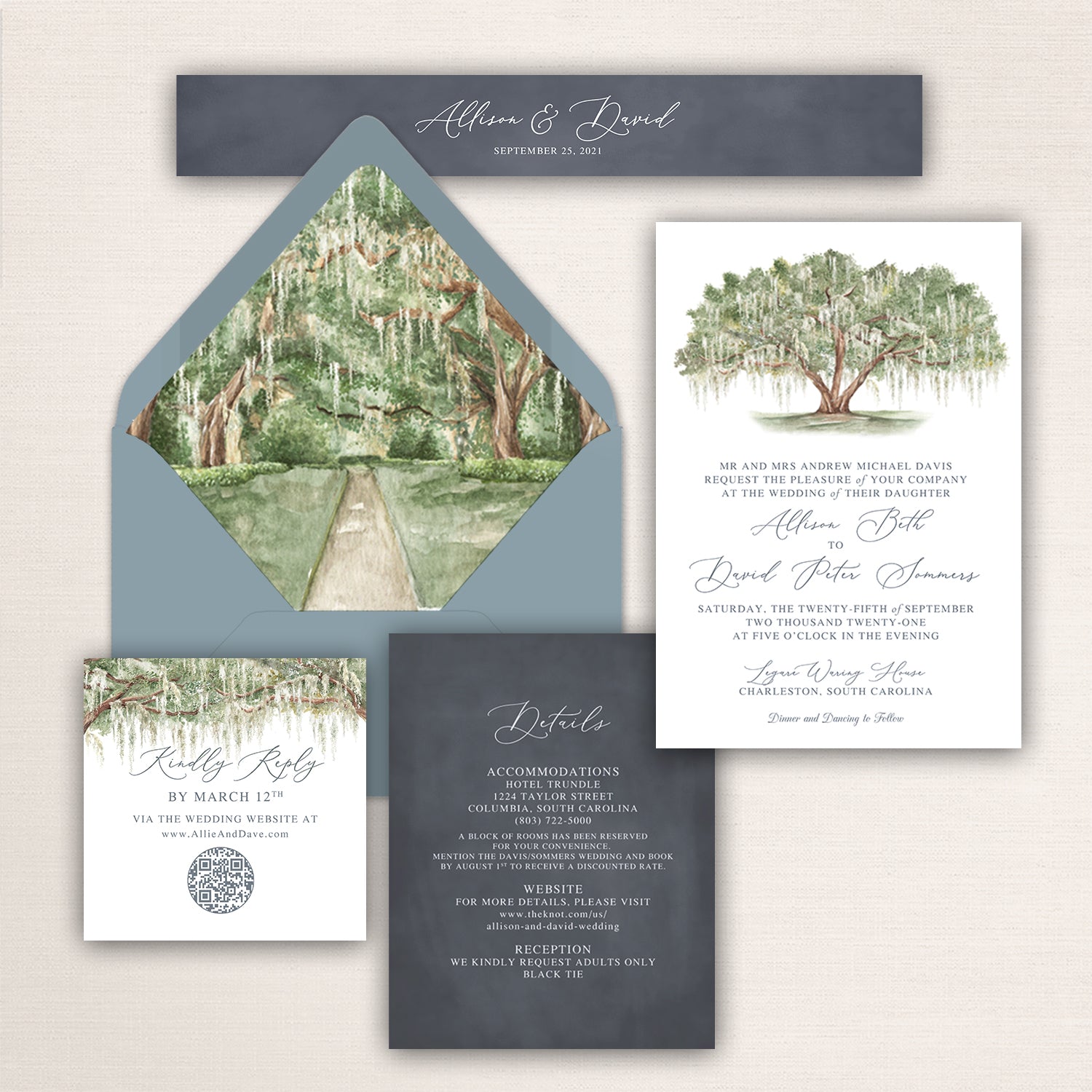 Wedding invitation suite with watercolor southern Spanish Moss covered oak tree design with matching liner and stationery pieces.