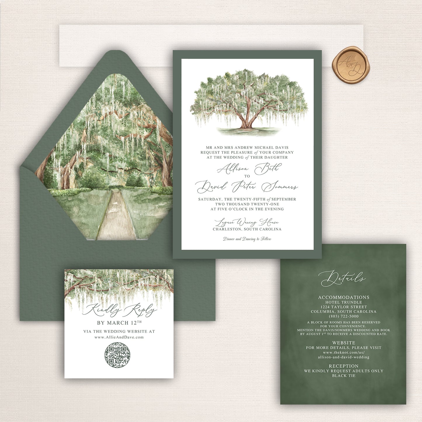 Wedding invitation suite with watercolor southern oak tree design, oak canopy envelope liner, and matching stationery pieces.