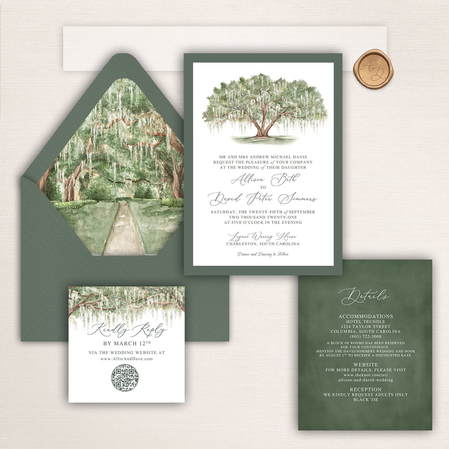 Wedding invitation suite with watercolor southern oak tree design, oak canopy envelope liner, and matching stationery pieces.