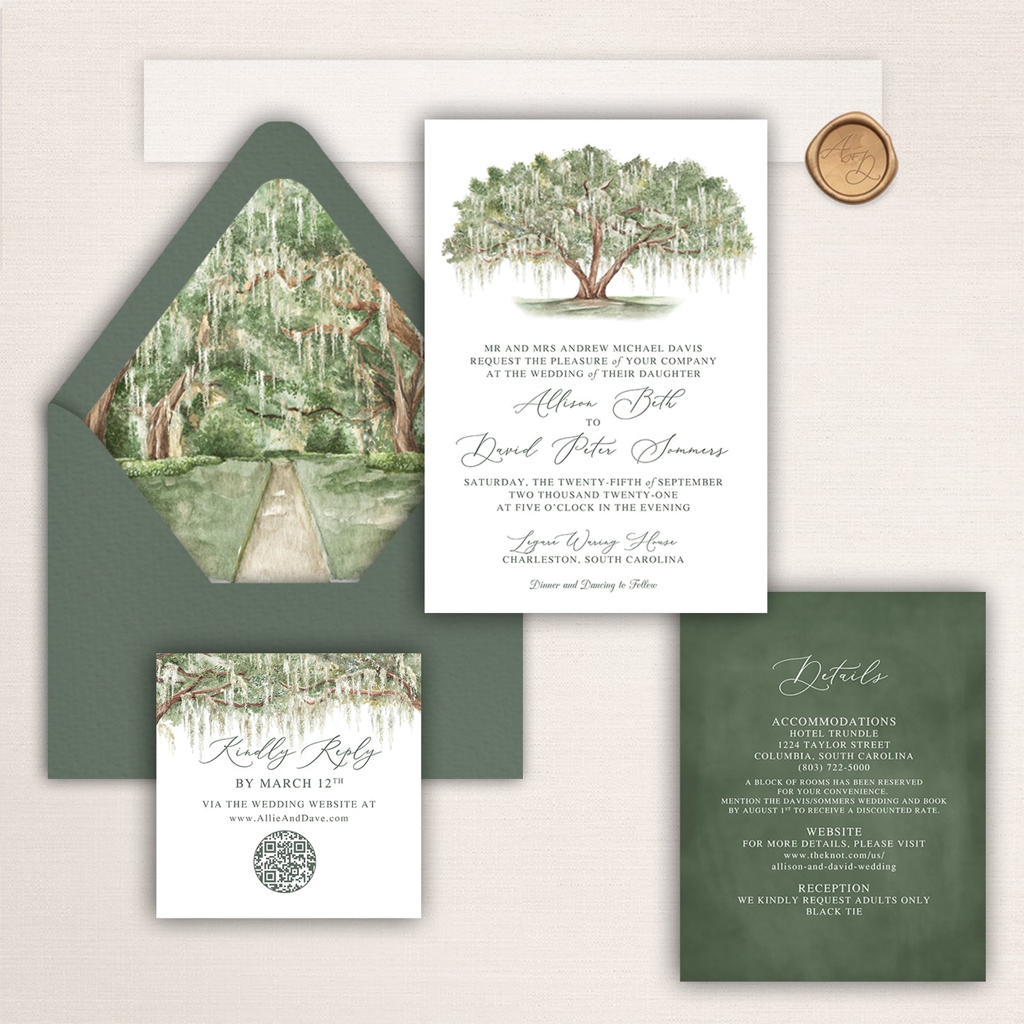 Wedding invitation suite with watercolor southern oak tree design, oak canopy envelope liner, and matching stationery pieces.
