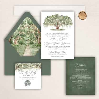 Wedding invitation suite with watercolor southern oak tree design, oak canopy envelope liner, and matching stationery pieces.