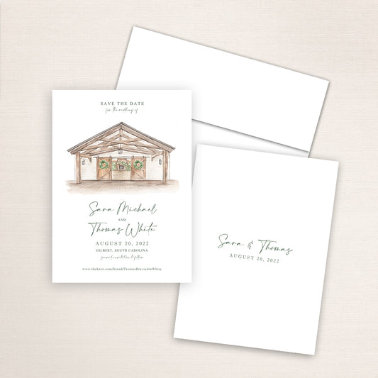 Custom watercolor Save the Date card featuring hand-painted venue illustration of Southern Oaks Chapel in Gilbert, South Carolina, personalized wedding stationery with elegant venue artwork. 