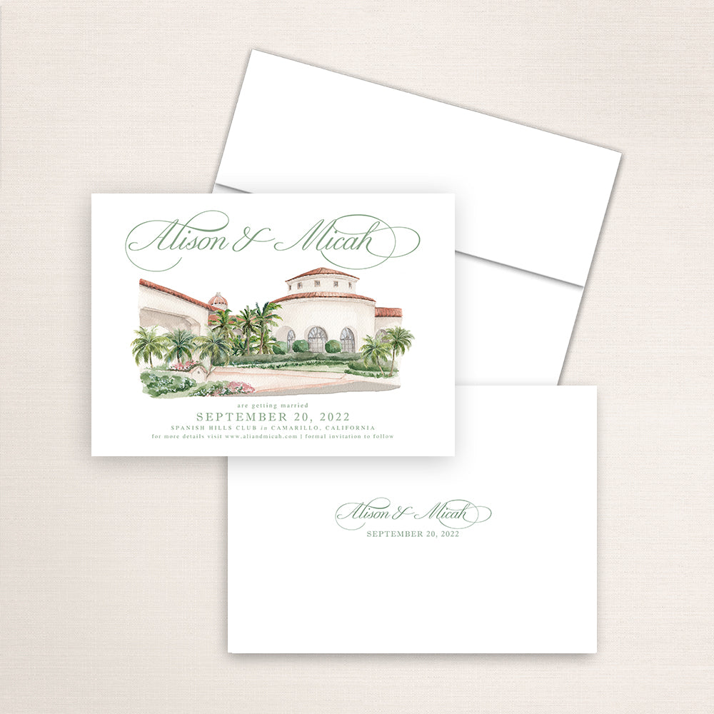 Custom watercolor Save the Date card featuring hand-painted venue illustration of Spanish Hills Club in Camarillo, California, personalized wedding stationery with elegant venue artwork. 