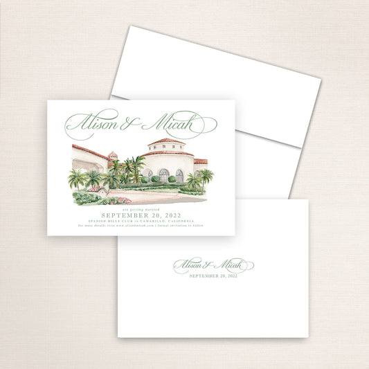 Custom watercolor Save the Date card featuring hand-painted venue illustration of Spanish Hills Club in Camarillo, California, personalized wedding stationery with elegant venue artwork. 