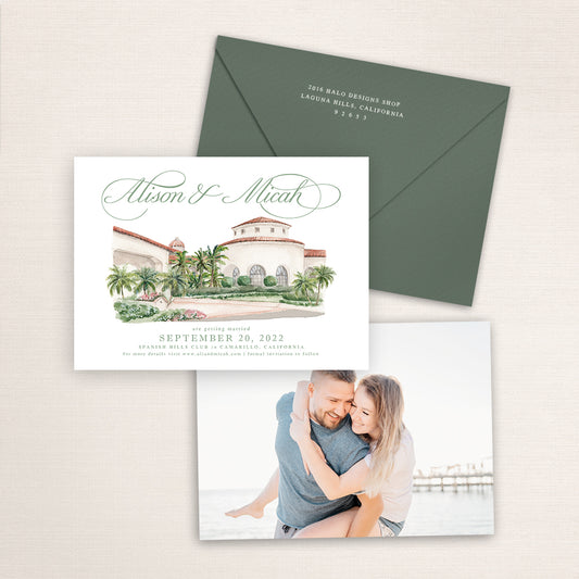 Custom watercolor Save the Date card featuring hand-painted venue illustration of Spanish Hills Club in Camarillo, California, personalized wedding stationery with elegant venue artwork with matching envelope.