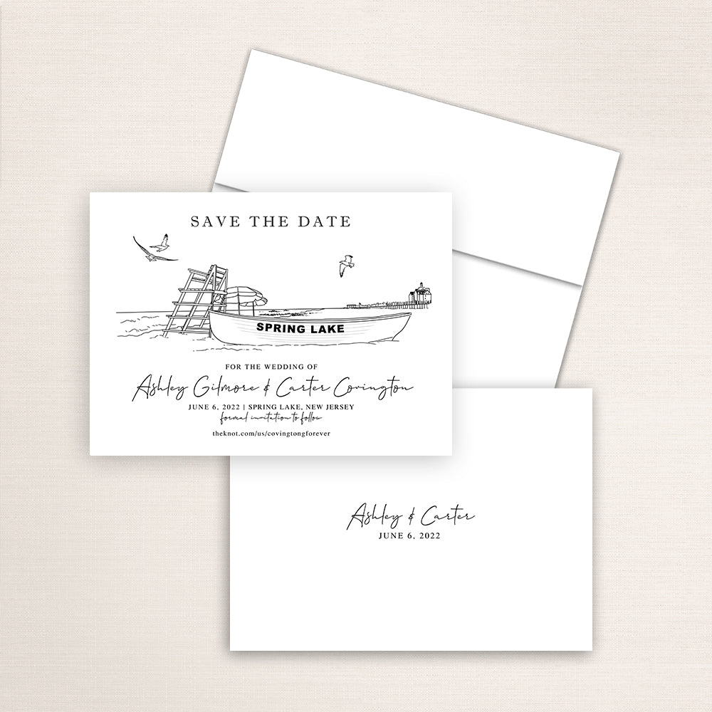 Custom Sketch Save the Date card featuring hand-drawn venue illustration of Spring Lake in Spring Lake, New Jersey, personalized wedding stationery with elegant venue artwork. 
