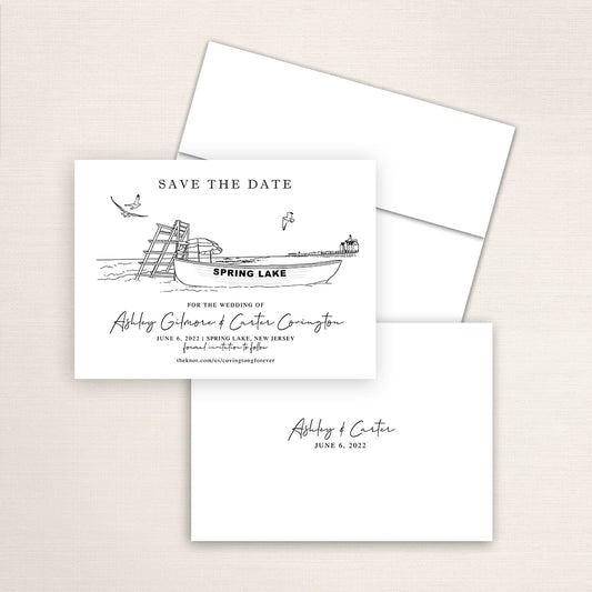Custom Sketch Save the Date card featuring hand-drawn venue illustration of Spring Lake in Spring Lake, New Jersey, personalized wedding stationery with elegant venue artwork. 