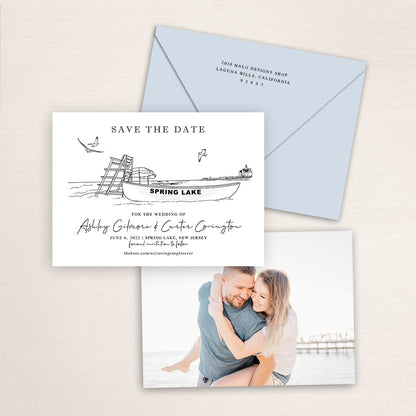 Custom Sketch Save the Date card featuring hand-drawn venue illustration of Spring Lake in Spring Lake, New Jersey, personalized wedding stationery with elegant venue artwork with matching envelope.