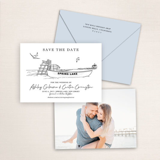 Custom Sketch Save the Date card featuring hand-drawn venue illustration of Spring Lake in Spring Lake, New Jersey, personalized wedding stationery with elegant venue artwork with matching envelope.