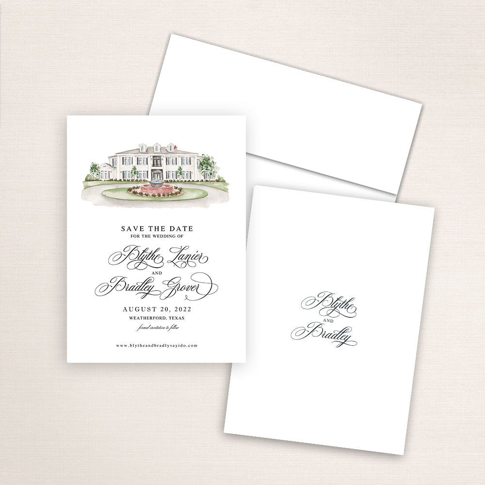 Custom watercolor Save the Date card featuring hand-painted venue illustration of Springs Event Venue at Park Manor in Weatherford, Texas, personalized wedding stationery with elegant venue artwork. 