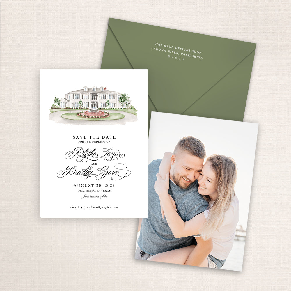 Custom watercolor Save the Date card featuring hand-painted venue illustration of Springs Event Venue at Park Manor in Weatherford, Texas, personalized wedding stationery with elegant venue artwork with matching envelope.