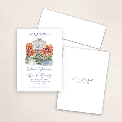 Custom watercolor Save the Date card featuring hand-painted venue illustration of Squantum Association in East Providence, Rhode Island in the fall. Personalized wedding stationery with elegant venue artwork. 