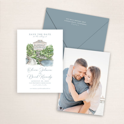 Custom watercolor Save the Date card featuring hand-painted venue illustration of Squantum Association in East Providence, Rhode Island, personalized wedding stationery with elegant venue artwork with matching envelope.