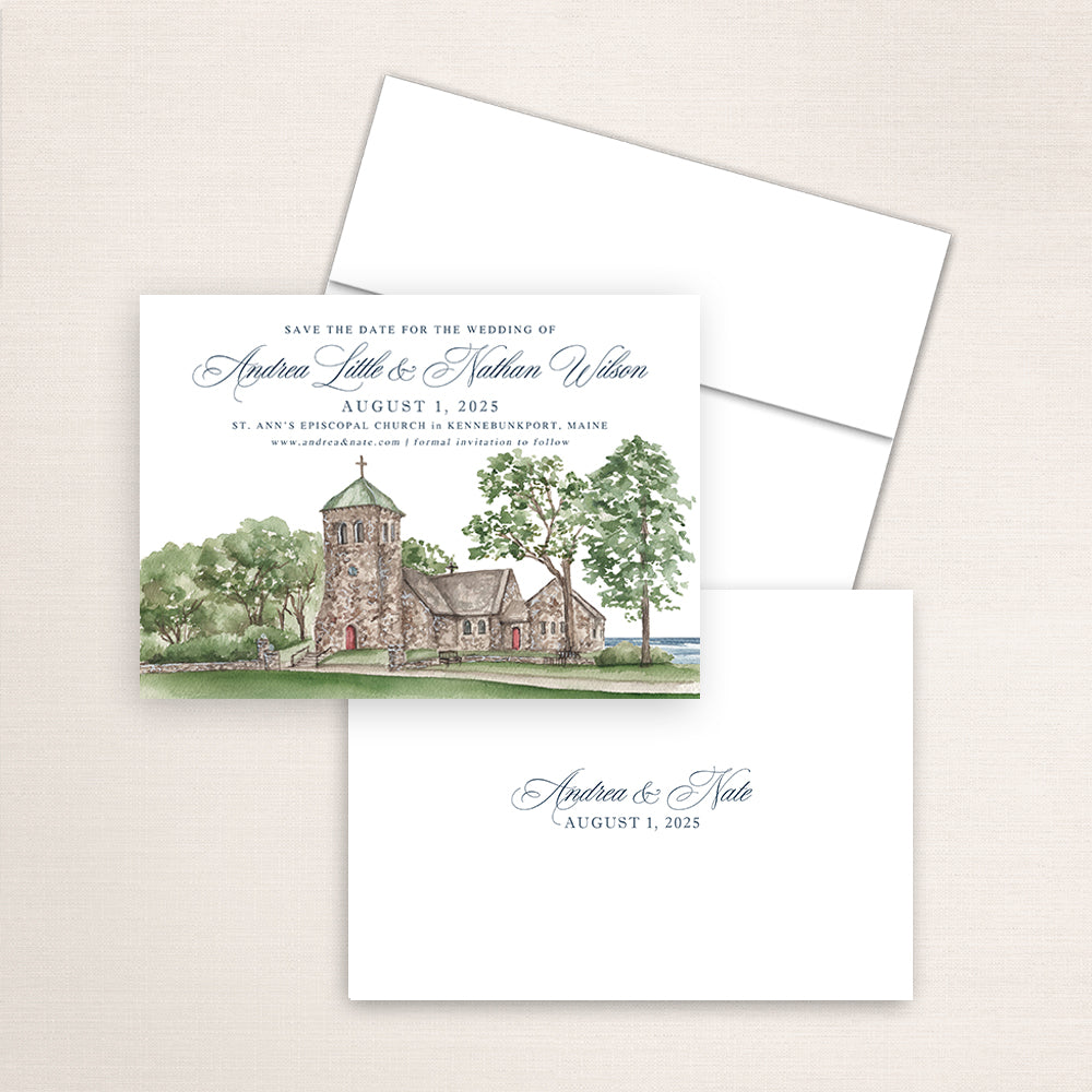 St. Ann’s Episcopal Church save the date featuring a hand-painted watercolor illustration of the historic stone church in Kennebunkport, Maine, surrounded by trees and coastal scenery, with elegant blue script typography and a minimalist back printed with the couple’s names and wedding date.