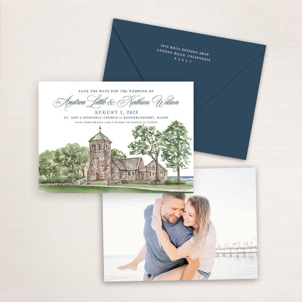 St. Ann’s Episcopal Church wedding save the date with a watercolor illustration of the seaside stone chapel in Kennebunkport, Maine, paired with a navy envelope, refined calligraphy typography, and an engagement photo of the couple printed on the back.