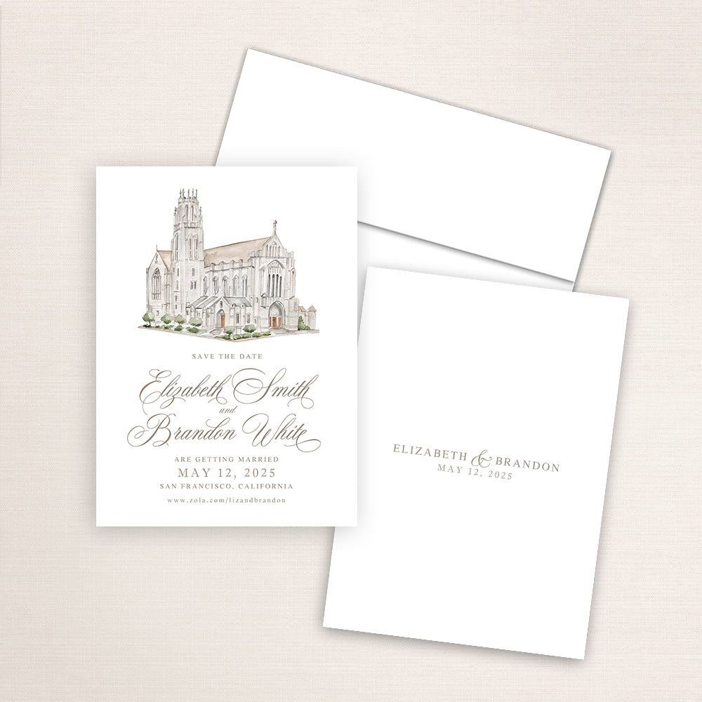 Simple and elegant save the date announcements featuring a hand-painted watercolor of San Francisco's St. Dominic's Catholic Church.