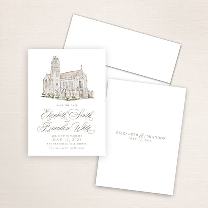 Simple and elegant save the date announcements featuring a hand-painted watercolor of San Francisco's St. Dominic's Catholic Church.