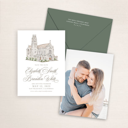 Wedding save the date cards featuring a hand-painted watercolor of San Francisco's St Dominic's Catholic Church with an engagement photo on the back and matching envelopes.
