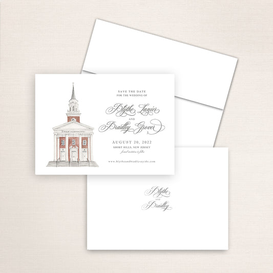 Custom watercolor Save the Date card featuring hand-painted venue illustration of St. Rose of Lima in Short Hills, New Jersey, personalized wedding stationery with elegant venue artwork. 