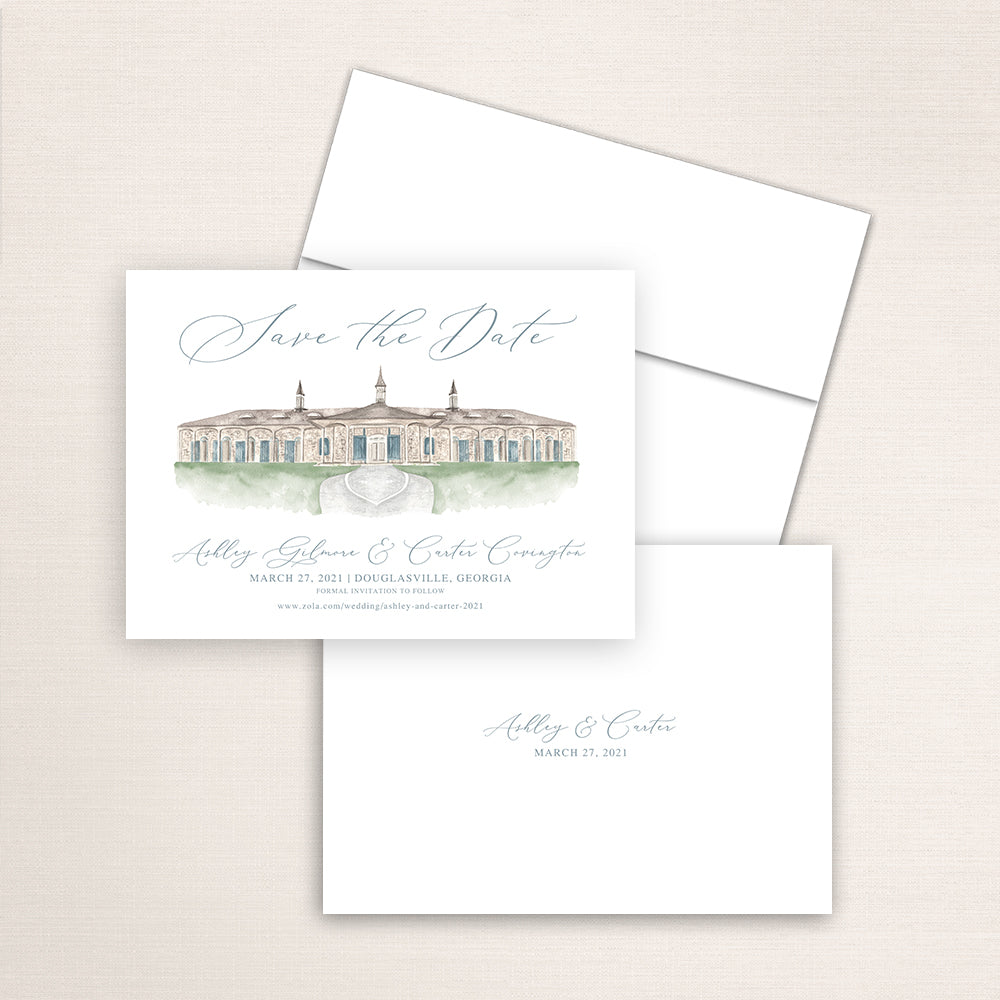 Custom watercolor Save the Date card featuring hand-painted venue illustration of the Stables at Foxhall Resort in Douglasville, Georgia, personalized wedding stationery with elegant venue artwork. 